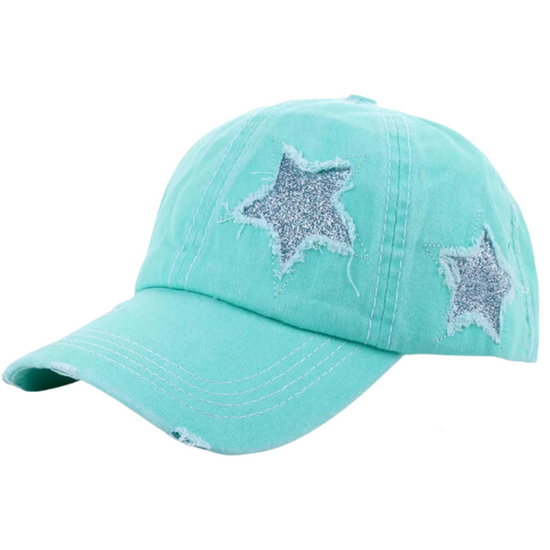 Introducing the Shining Star Ballcap! This trendy cap features glittery stars, an adjustable strap, and a ponytail-friendly opening - so you can look stellar while keeping your hair in place. Stand out from the crowd and let your light shine bright!