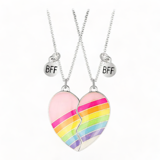 Let your BFF know how much you care with this Bestie Heart Necklace Set! Perfect for any occasion, these rainbow magnetic necklaces will bring your friendship together like a pair of puzzle pieces.