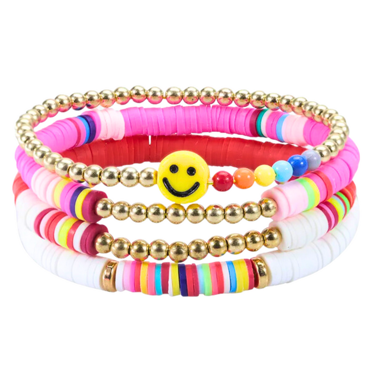 Break away from your everyday style with this Bohemian Heart Bracelet Set! This set of four modern, beachy, bracelets is perfect for adding a flirty, fun touch to your outfits. Colorful pink, gold and rainbow hues will be sure to get your heart fluttering! 