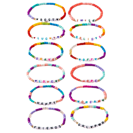 Break the ice with a friendship bracelet set for cool girls! This set of 12 colorful bracelets are guaranteed to impress your friends with uplifting messages and positive vibes. Swap with your girlfriends and start your own fashion movement!