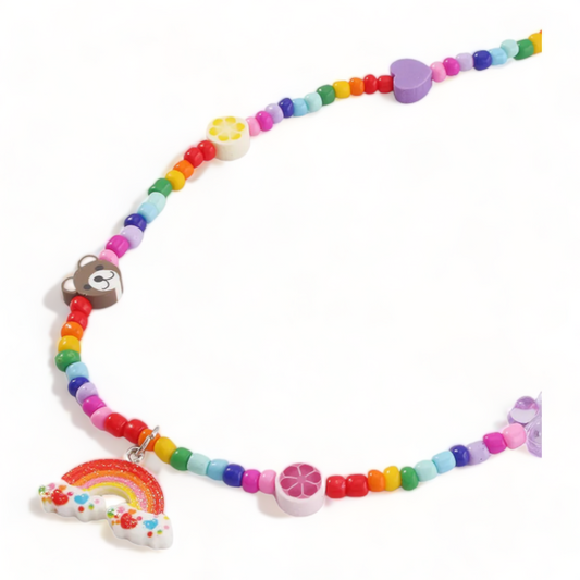 Show the world how sweet life is with this cute necklace! Made with a colorful gummy bear, twinkly stars, lucky ladybug and peace signs, this necklace is a tasty reminder to take life one bite at a time. Carry a fun, light-hearted reminder that life's too short to take the sour with the sweet! This necklace won't just capture your attention, you'll be getting compliments all day.