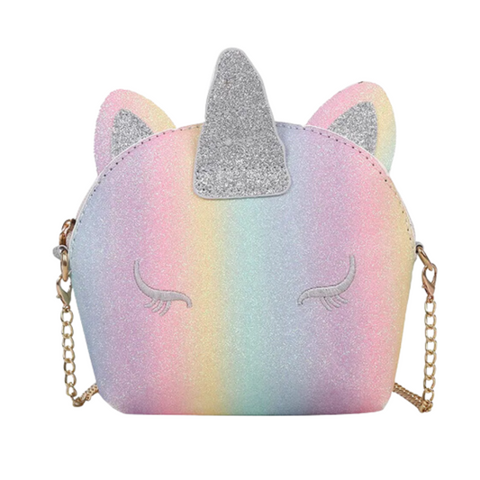 Let your inner unicorn shine with this adorably whimsical Rainbow Unicorn Crossbody, complete with pastel glitter! Perfectly girly and fun, this bag will add a touch of sparkle to any outfit. Ready to make a statement? Rainbow Unicorns approve! 