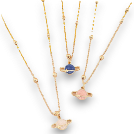 Explore the solar system and beyond with the Saturn Babe Necklace Set! This stylish set includes three necklaces, each featuring Saturn in a different hue - soft pink, tranquil blue, and calming white. Show off your stellar style and out-of-this-world fashion sense with these celestial accessories! 