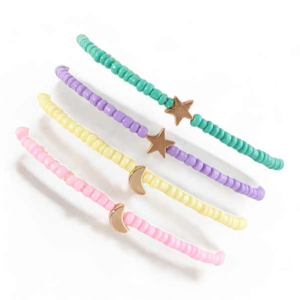 Show off your celestial style with this stellar Star & Moons Anklet Set! Featuring four anklets in soft colors of green, purple, yellow, and pink, these anklets will make you the envy of the night sky! So shine bright - and don't forget to twinkle!